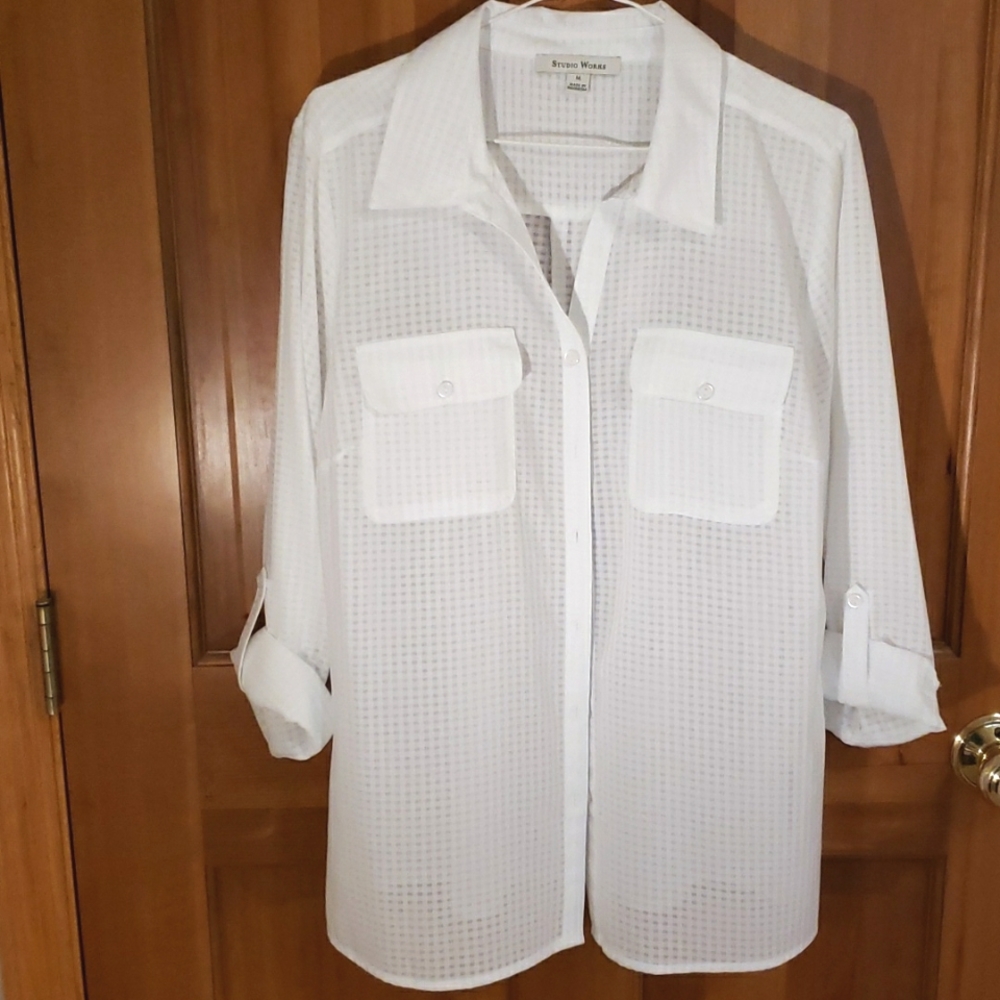 NWOT Studio Works Sheer White Plaid Button Down Blouse with Adjustable sleeves M